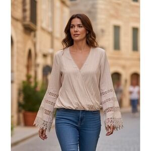 Chelsea & Violet Lace Bell Sleeve Wrap Top Blouse M Cream Boho Crochet Hippie